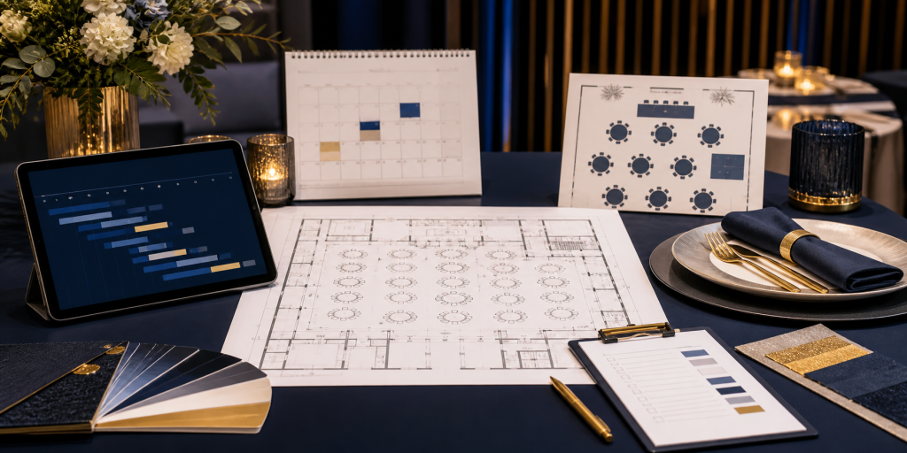Professional event planning, production schedules, floor plans, and guest experience details